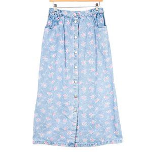 Susan Bristol Denim Skirt 12 Womens Floral Blue Pink Button Down Pockets Modest